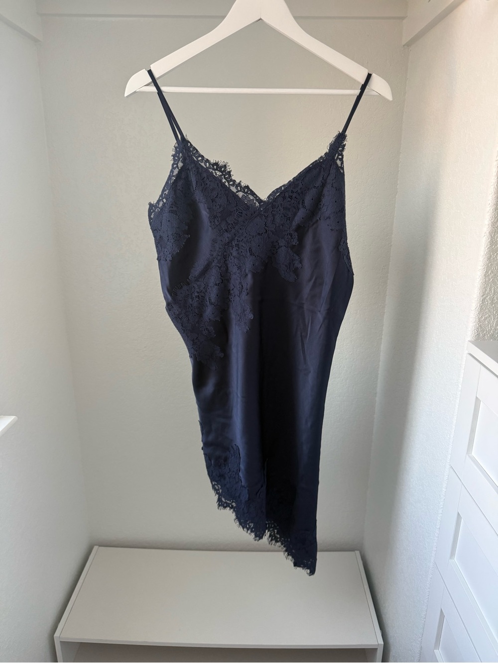 NWT Navy Lace Trim Satin Slip Dress (M)